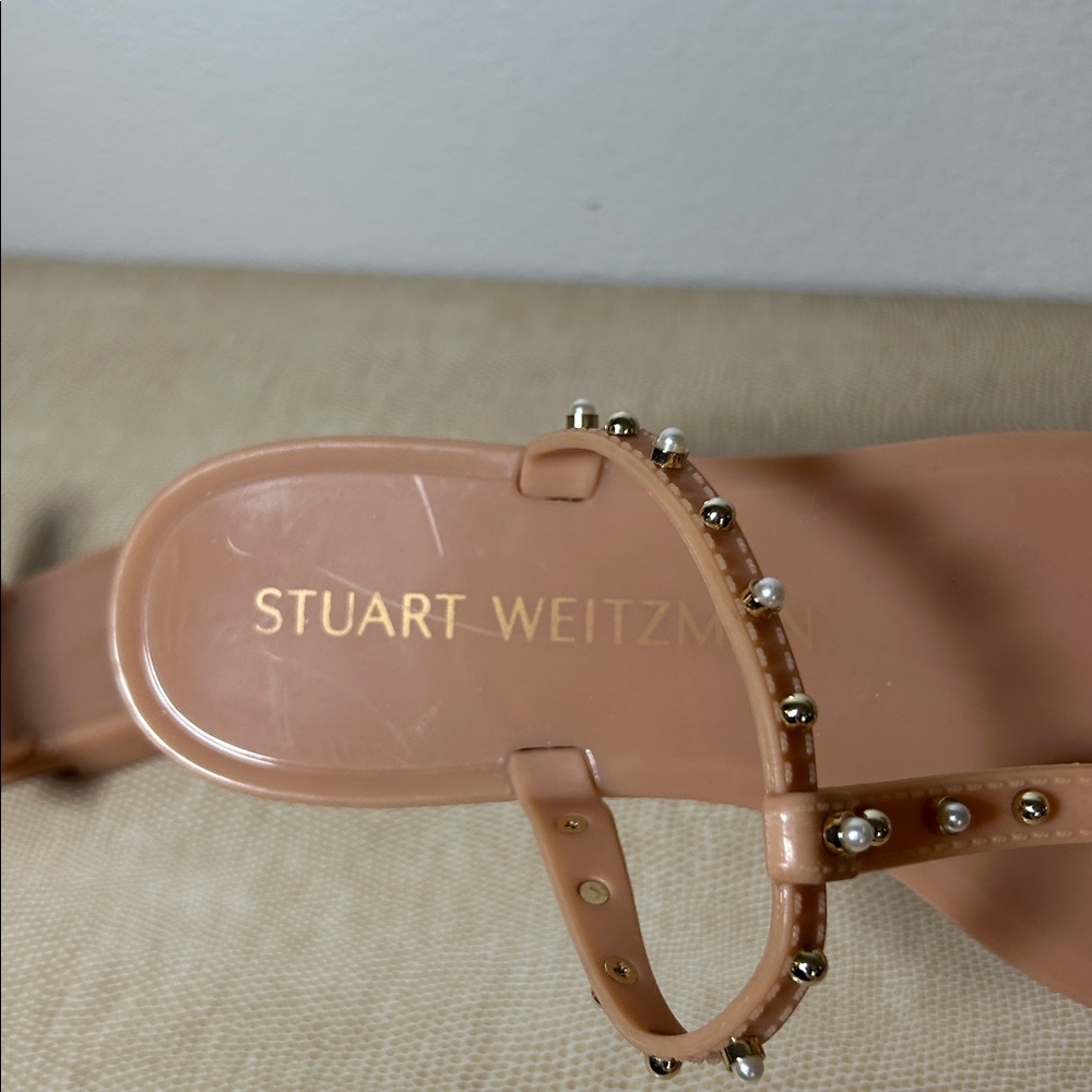 Stuart Weitzman MELLIE PEARLSTUD JELLY SLIDE SANDAL in Nude Studded Size 6 - Picture 9 of 14